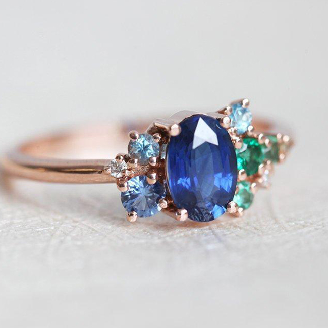 Royal Blue Sapphire Emerald Diamond Cluster Engagement Ring | Praise ...