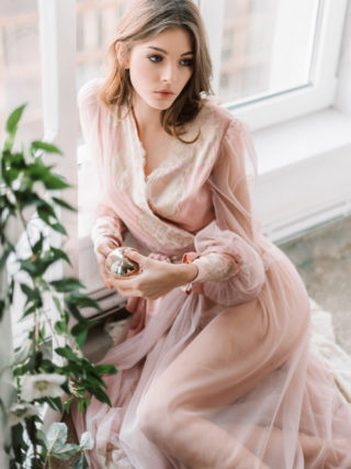 Anastasia Blush Tulle Gold Chantilly Lace Bell Sleeve Robe