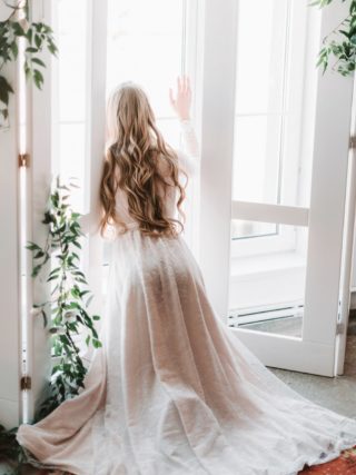 Sharon Ivory Lace and Nude Silk Satin Boudoir Robe )