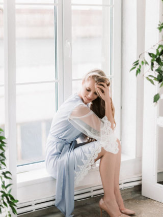 Lavender Gray Lace Illusion Sleeve Silk Satin Robe