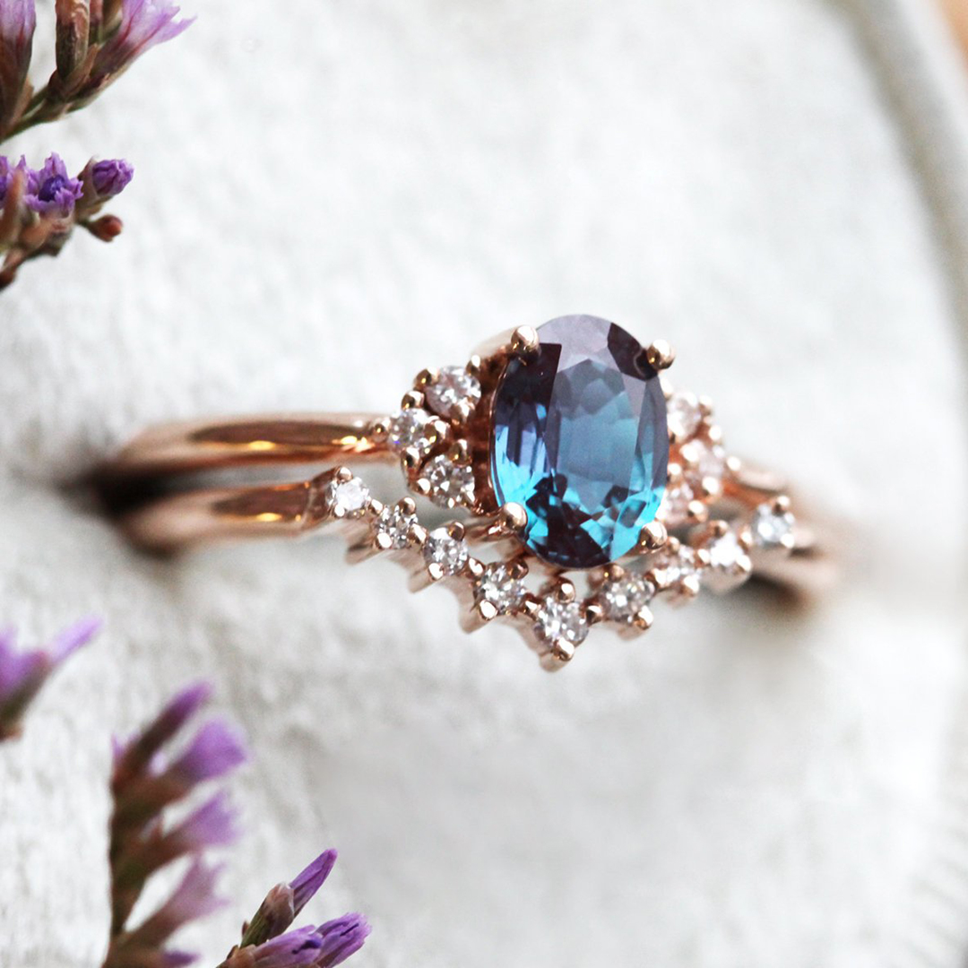 Chatham Alexandrite and Diamond Cluster Ring Two-Piece Set | Praise ...