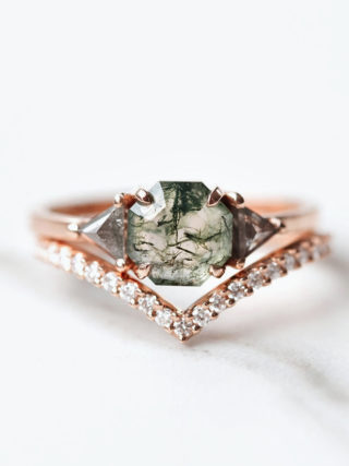 Hexagon Moss Agate Ring with Salt and Pepper Diamonds