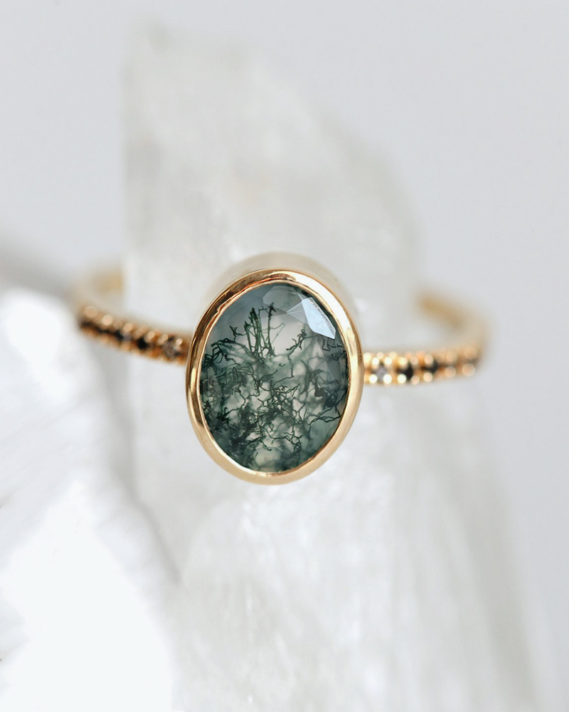 Oval Moss Agate and Black Diamond Half Eternity Ring | Praise Wedding Shop